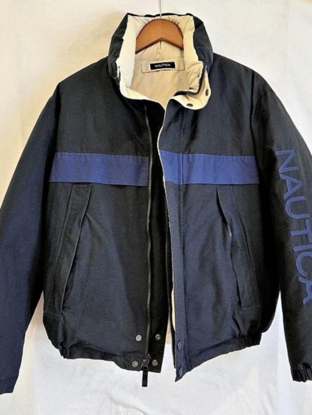 Nautica Vintage 90s Reversible Down Puffer Jacket Black & Blue Small
